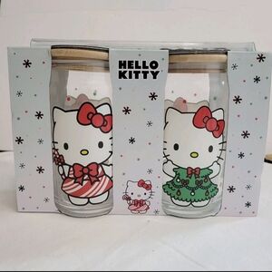 Hello Kitty Sanrio Glass Tumbler Set Bamboo Lid Straw 16 oz Holiday Christmas